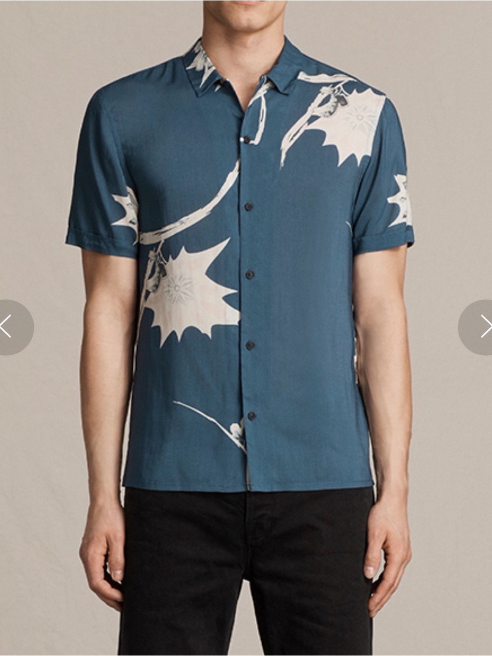 AllSaints Teal Blue Short-Sleeve Button-Down with White Floral Print